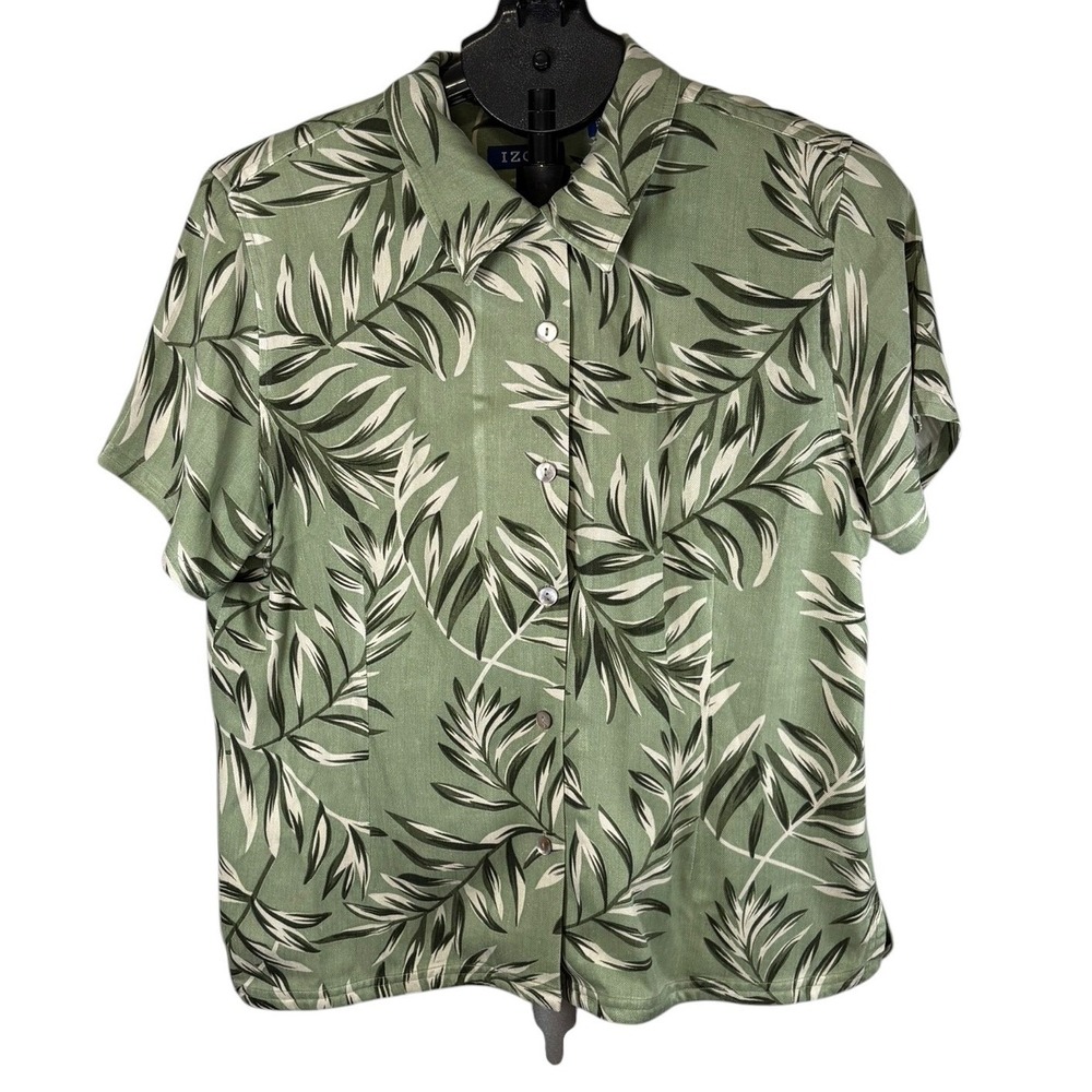 IZOD Womens 100% Silk Short Sleeve Button Down Leaf Print Shirt Sage Green